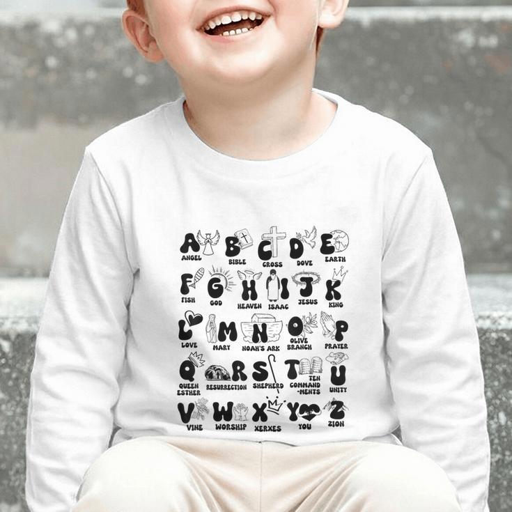 Biblical Alphabet Religious Christian Kids Back To School Graphic Toddler Long Sleeve Tee