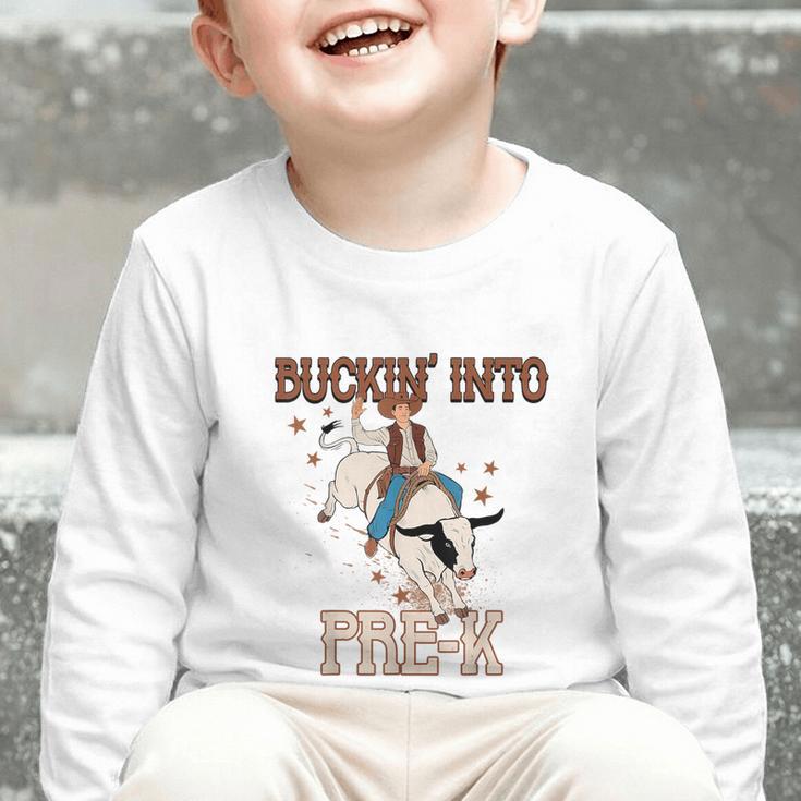 Buckin' Into Pre-K Back To School Cowboy Western Graphic Toddler Long Sleeve Tee Buckin' Into Pre-K Back To School Cowboy Western Graphic Toddler Long Sleeve Tee