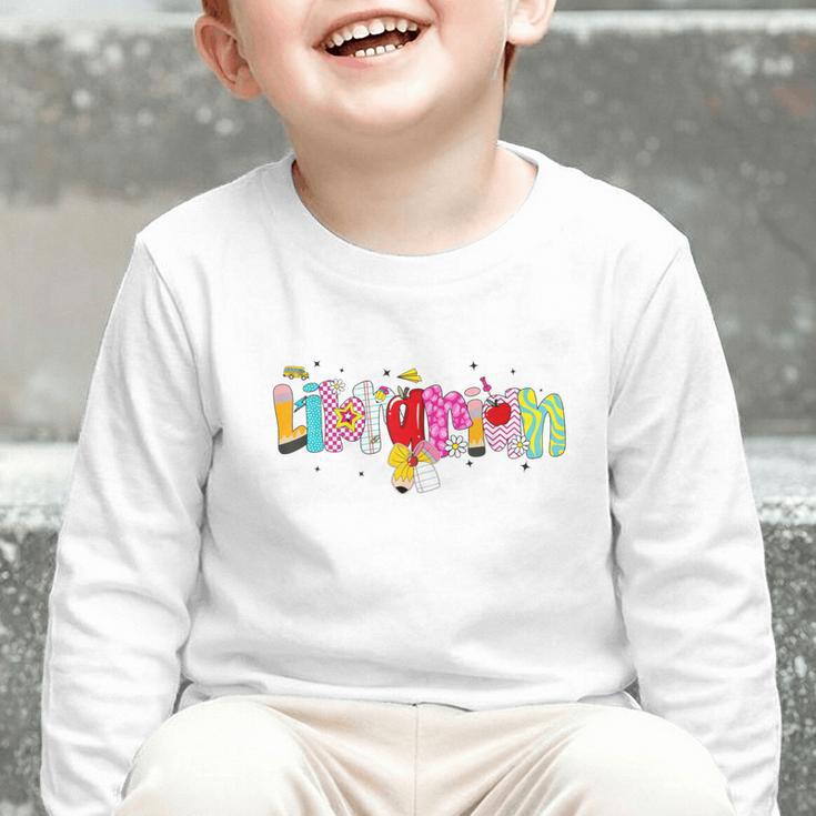 Coquette Pencil Bow Librarian Back To School Bookworm Graphic Toddler Long Sleeve Tee
