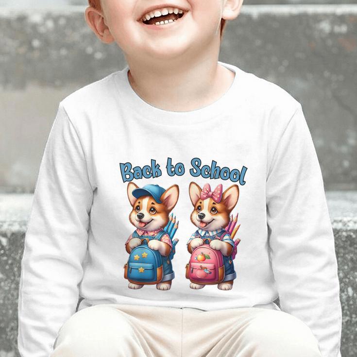 Corgi Dog Student To School Happy Back To School Graphic Toddler Long Sleeve Tee Corgi Dog Student To School Happy Back To School Graphic Toddler Long Sleeve Tee