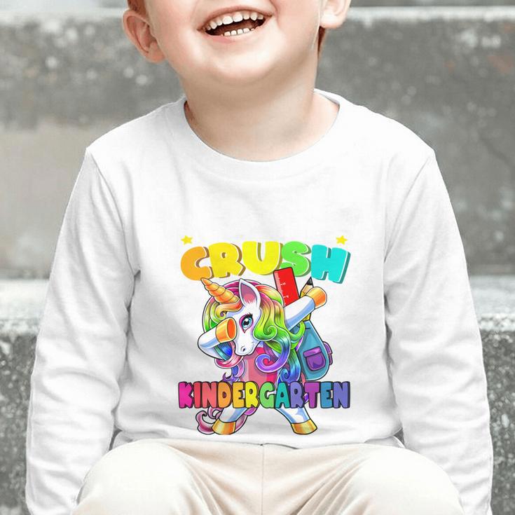 Crush Kindergarten Dabbing Unicorn Back To School Girls Performance Graphic Toddler Long Sleeve Tee