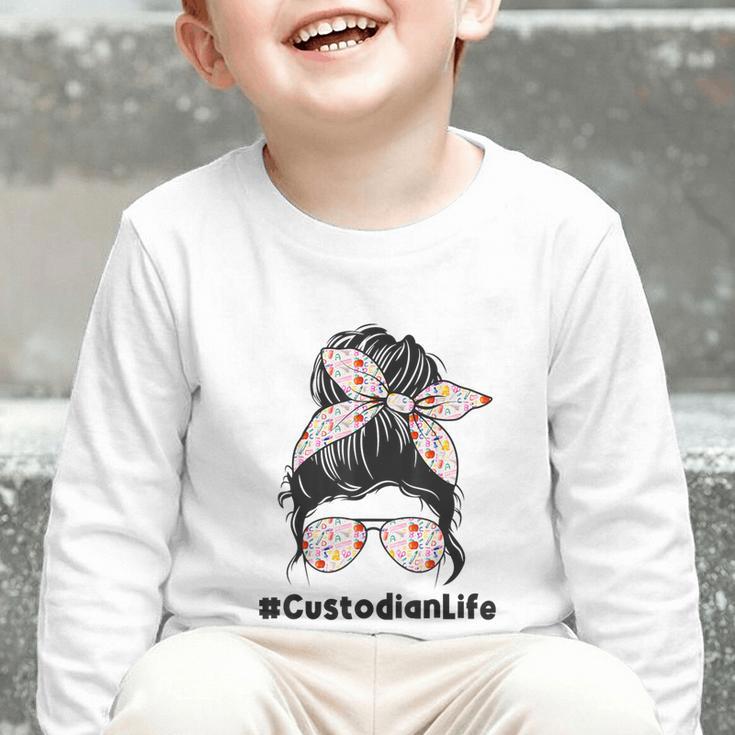 Custodian Life Messy Bun Hair Glasses Leopard Back To School Graphic Toddler Long Sleeve Tee Custodian Life Messy Bun Hair Glasses Leopard Back To School Graphic Toddler Long Sleeve Tee