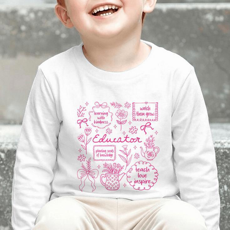 Educator Love Inspire Teach Pink Bow Back To School Graphic Toddler Long Sleeve Tee