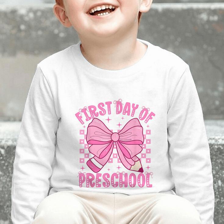 First Day Of Preschool Coquette Bow Back To School Girls Graphic Toddler Long Sleeve Tee