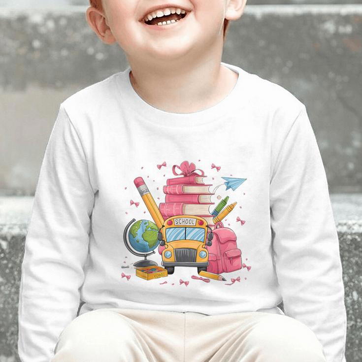 Girls Cute Pink Bows Coquette Aesthetic Back To School Graphic Toddler Long Sleeve Tee