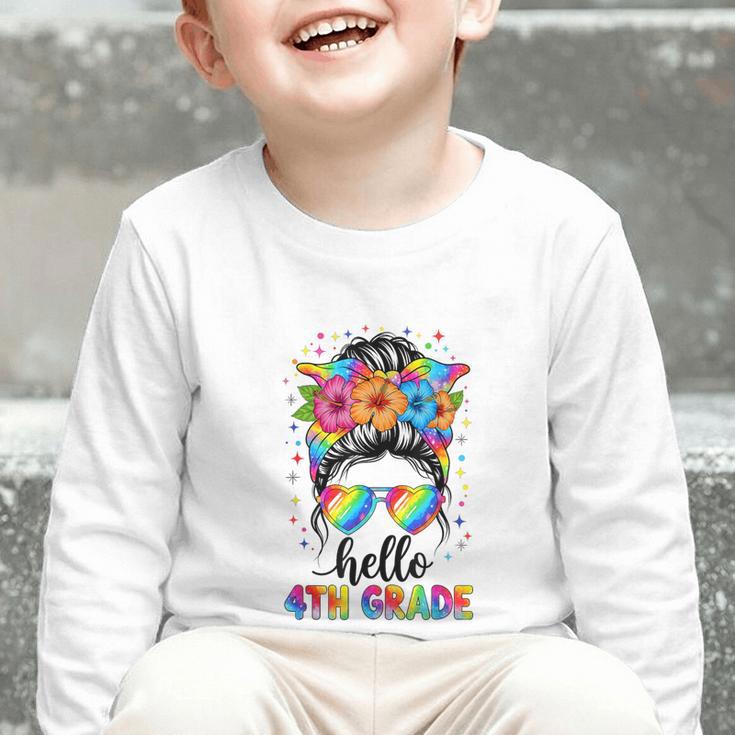 Hello 4th Grade Messy Bun Girls Back To School First Day Graphic Toddler Long Sleeve Tee Hello 4th Grade Messy Bun Girls Back To School First Day Graphic Toddler Long Sleeve Tee