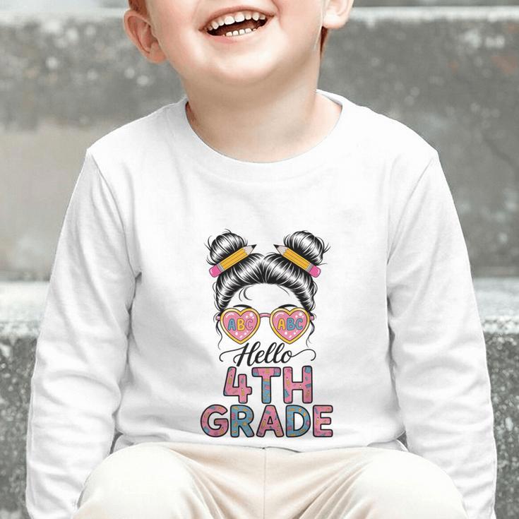 Hello 4th Grade Messy Bun Hair Back To School Girls Graphic Toddler Long Sleeve Tee Hello 4th Grade Messy Bun Hair Back To School Girls Graphic Toddler Long Sleeve Tee