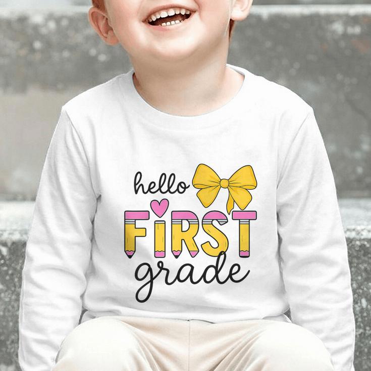 Hello First Grade For Girls Boys Cute Back To School Pencil Graphic Toddler Long Sleeve Tee Hello First Grade For Girls Boys Cute Back To School Pencil Graphic Toddler Long Sleeve Tee