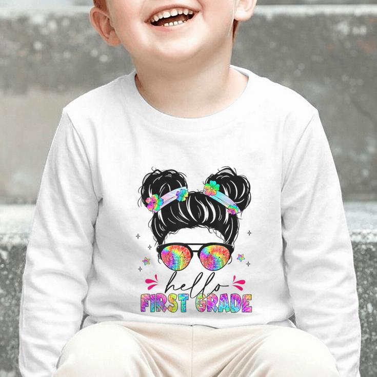 Hello First Grade Shirt Messy Bun Tie Dye Back To School Graphic Toddler Long Sleeve Tee
