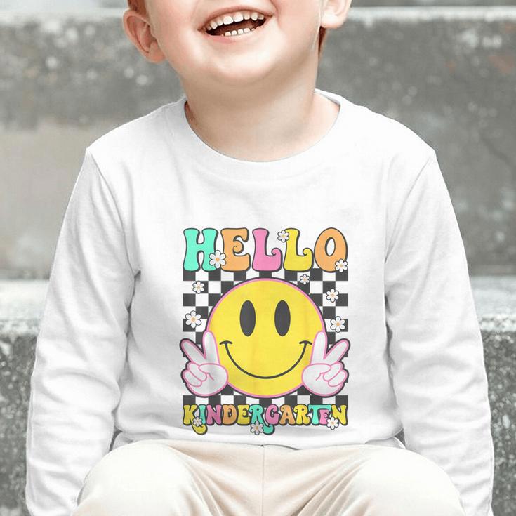 Hello Kindergarten Smile Face Back To School Girl Kid Graphic Toddler Long Sleeve Tee Hello Kindergarten Smile Face Back To School Girl Kid Graphic Toddler Long Sleeve Tee