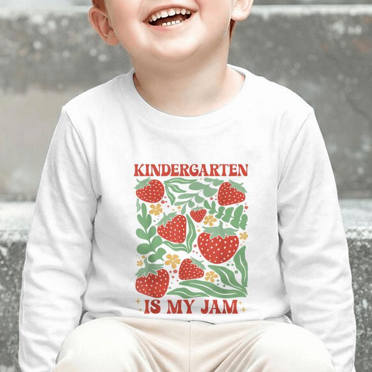 Kindergarten Is My Jam Boho Floral Strawberry Back To School Graphic Toddler Long Sleeve Tee Kindergarten Is My Jam Boho Floral Strawberry Back To School Graphic Toddler Long Sleeve Tee