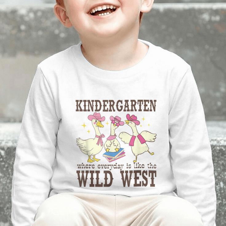 Kindergarten Wild West Goose Cowboy Goose Back To School Graphic Toddler Long Sleeve Tee Kindergarten Wild West Goose Cowboy Goose Back To School Graphic Toddler Long Sleeve Tee