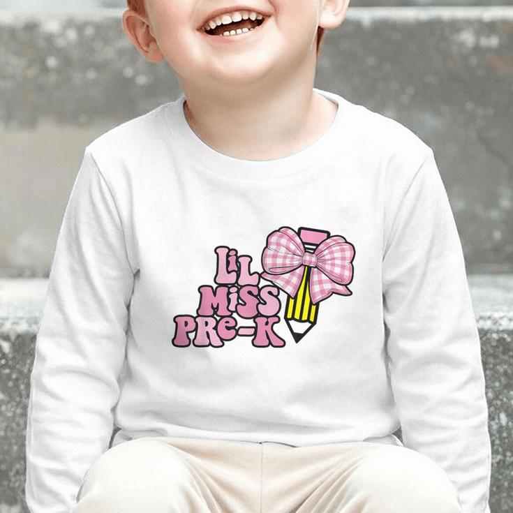 LiL Miss Pre-K Back To School Girls Coquette Bow First Day Graphic Toddler Long Sleeve Tee