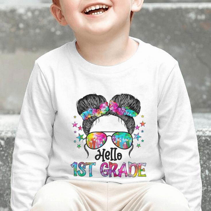 Messy Hair Bun Girl Back To School First Day Hello 1st Grade Graphic Toddler Long Sleeve Tee