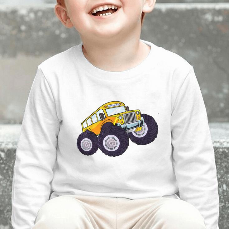 Monster Truck School Bus Yellow Back To School Kids Toddler Graphic Toddler Long Sleeve Tee
