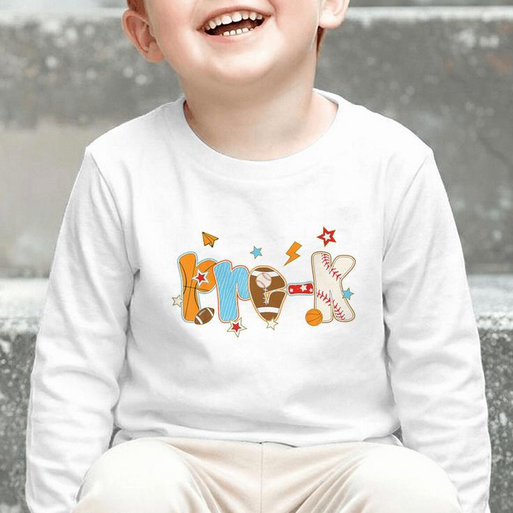 Pre K Preschool Football Basketball Baseball Back To School Graphic Toddler Long Sleeve Tee