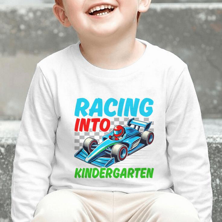 Racing Into Kindergarten Race Car Driver Back To School Performance Graphic Toddler Long Sleeve Tee Racing Into Kindergarten Race Car Driver Back To School Performance Graphic Toddler Long Sleeve Tee