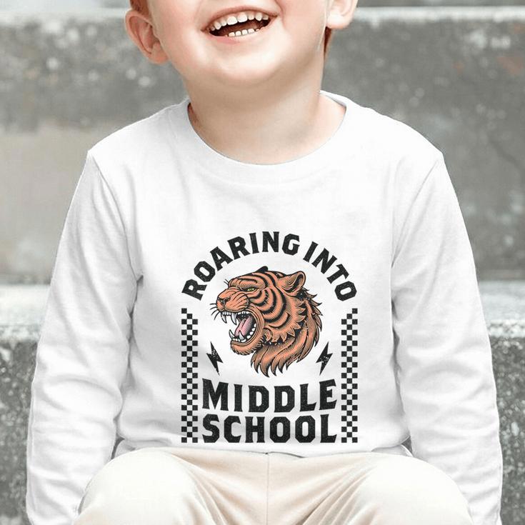 Roaring Into Middle School Tiger Back To School Boy Girl Kid Graphic Toddler Long Sleeve Tee Roaring Into Middle School Tiger Back To School Boy Girl Kid Graphic Toddler Long Sleeve Tee