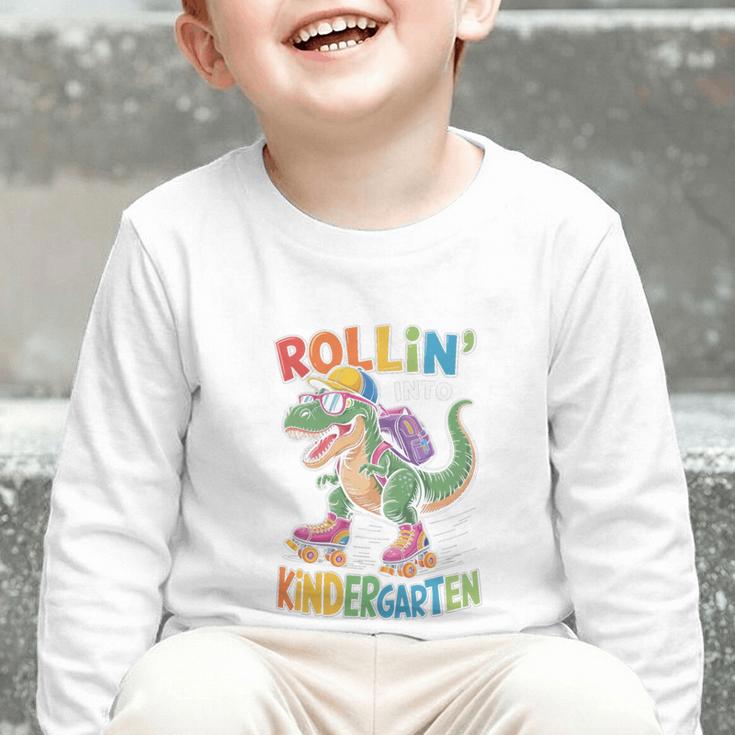 T Rex Rollin Into Kindergarten Back To School First Day Boys Graphic Toddler Long Sleeve Tee T Rex Rollin Into Kindergarten Back To School First Day Boys Graphic Toddler Long Sleeve Tee