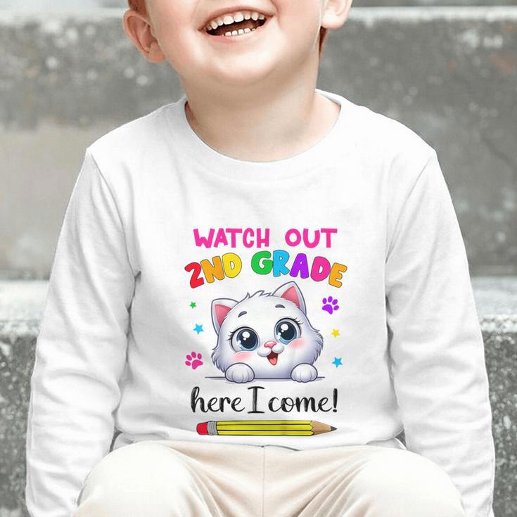 Watch Out 2nd Grade Here I Come Girls Cat Back To School Graphic Toddler Long Sleeve Tee