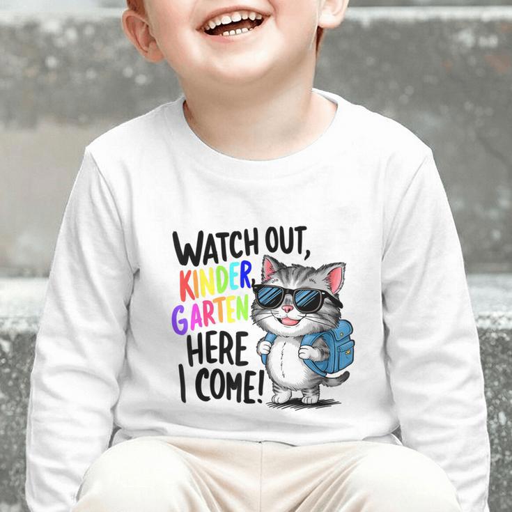 Watch Out Kindergarten Here I Come Cute Cat Back To School Graphic Toddler Long Sleeve Tee