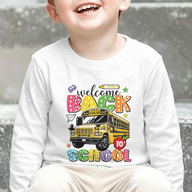 Welcome Back To School Bus Happy First Day Of School Student Graphic Toddler Long Sleeve Tee Welcome Back To School Bus Happy First Day Of School Student Graphic Toddler Long Sleeve Tee