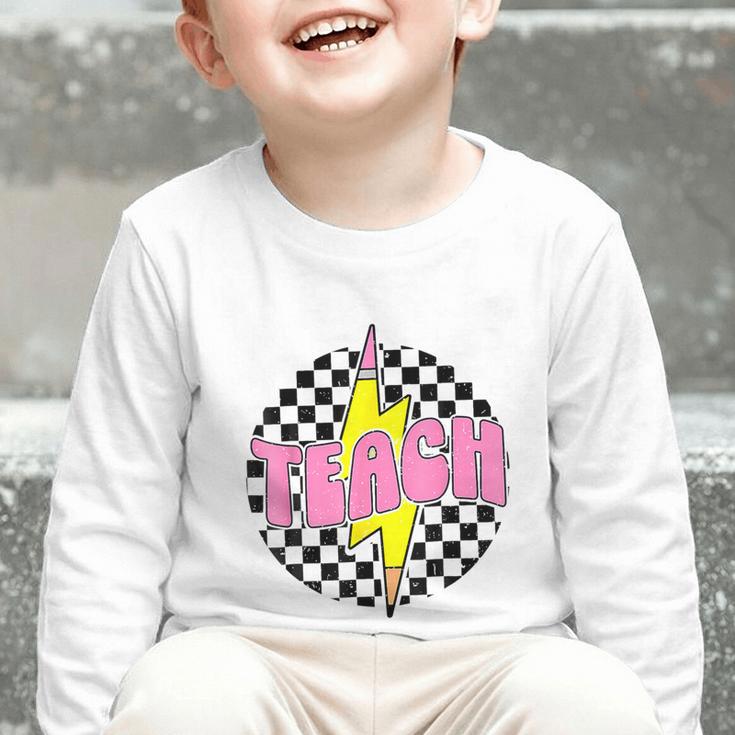 Women Checkered Teach Pencil Lightning Bolt Back To School Graphic Toddler Long Sleeve Tee Women Checkered Teach Pencil Lightning Bolt Back To School Graphic Toddler Long Sleeve Tee