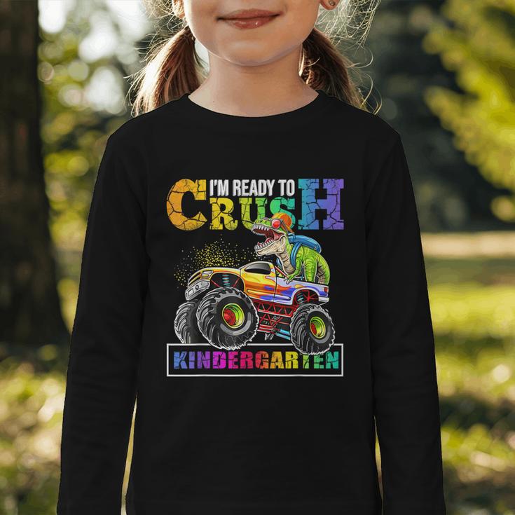 Back To School Boy Dinosaur I'm Ready To Crush Kindergarten Graphic Toddler Long Sleeve Tee