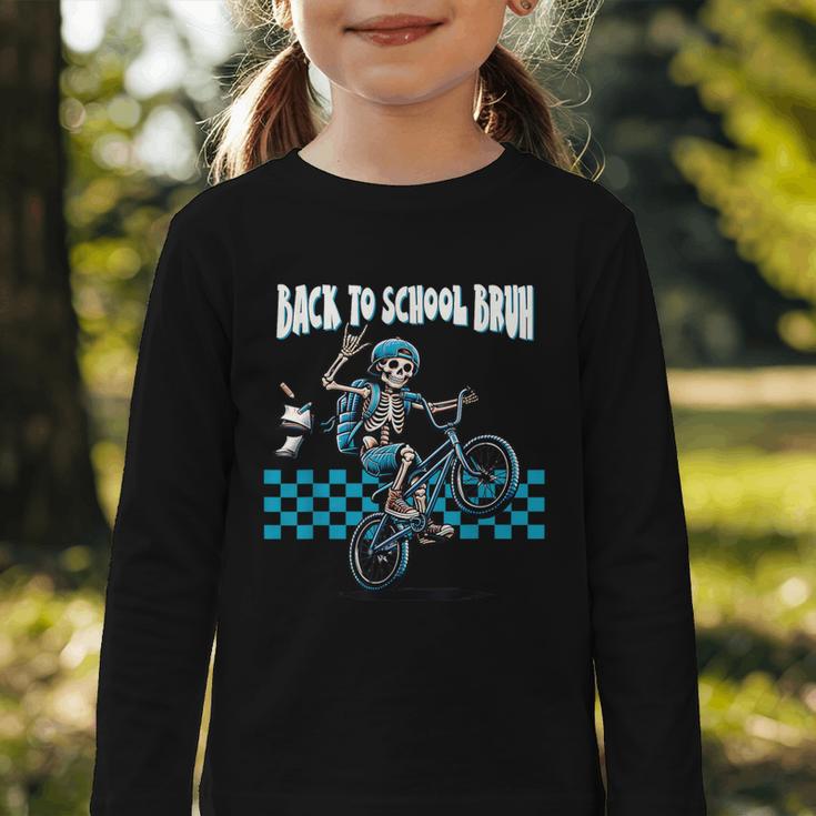 Back To School Bruh Boy Skeleton Riding On a BMX Bike Graphic Toddler Long Sleeve Tee
