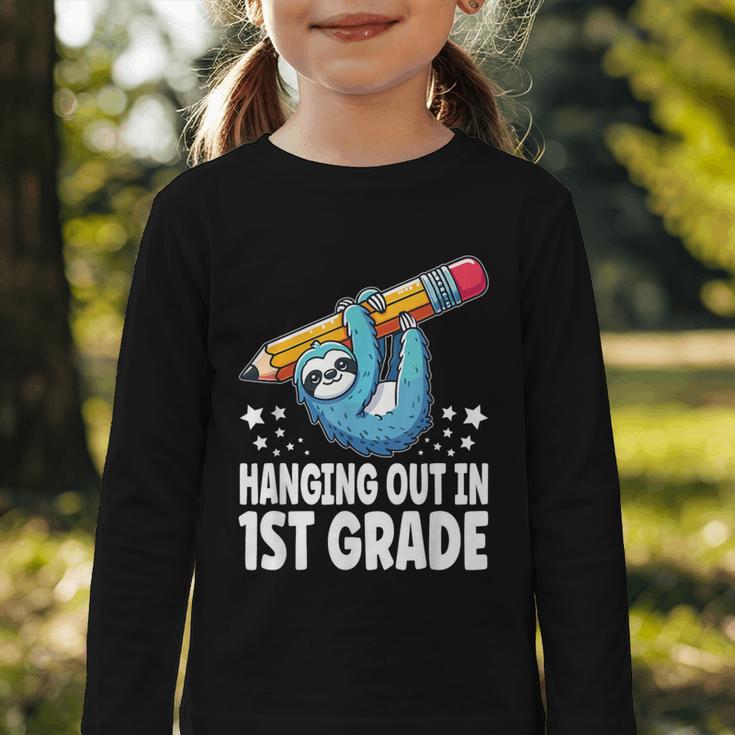 Back To School First Grade Sloth Hanging Out In 1st Grade Graphic Toddler Long Sleeve Tee Back To School First Grade Sloth Hanging Out In 1st Grade Graphic Toddler Long Sleeve Tee
