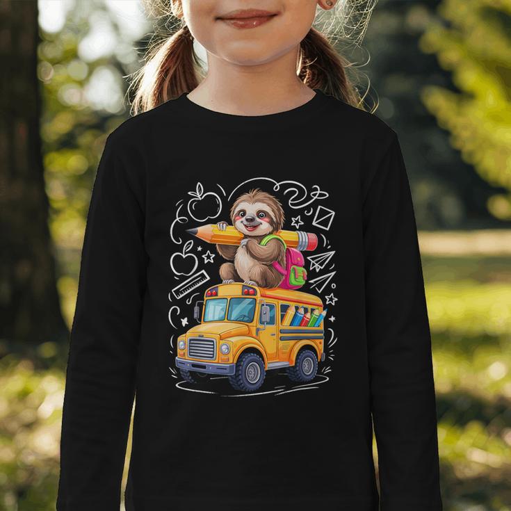 Back To School Sloth School Bus 100 Days Of School Graphic Toddler Long Sleeve Tee