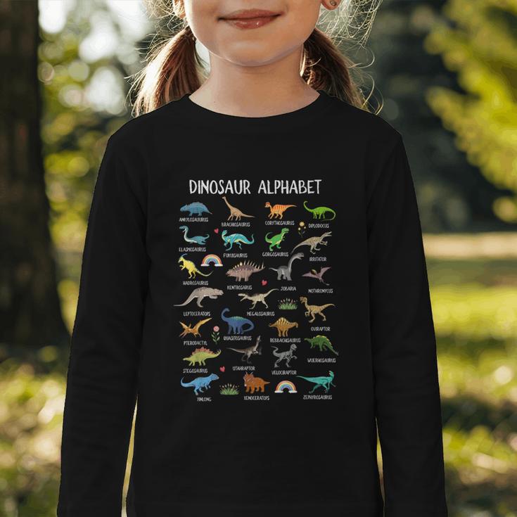 Back To School Types Of Dinosaurs Alphabet Identification Graphic Toddler Long Sleeve Tee