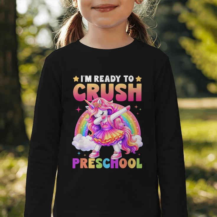 Back To School Unicorn Girls I'm Ready To Crush Preschool Graphic Toddler Long Sleeve Tee