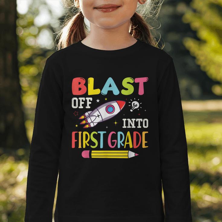 Blast Off Into First Grade Back To School Kids Rocket Space Graphic Toddler Long Sleeve Tee