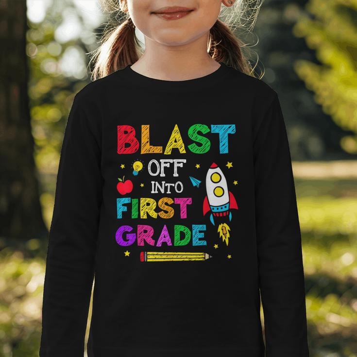Blast Off Into First Grade Squad First Day Back To School Graphic Toddler Long Sleeve Tee Blast Off Into First Grade Squad First Day Back To School Graphic Toddler Long Sleeve Tee