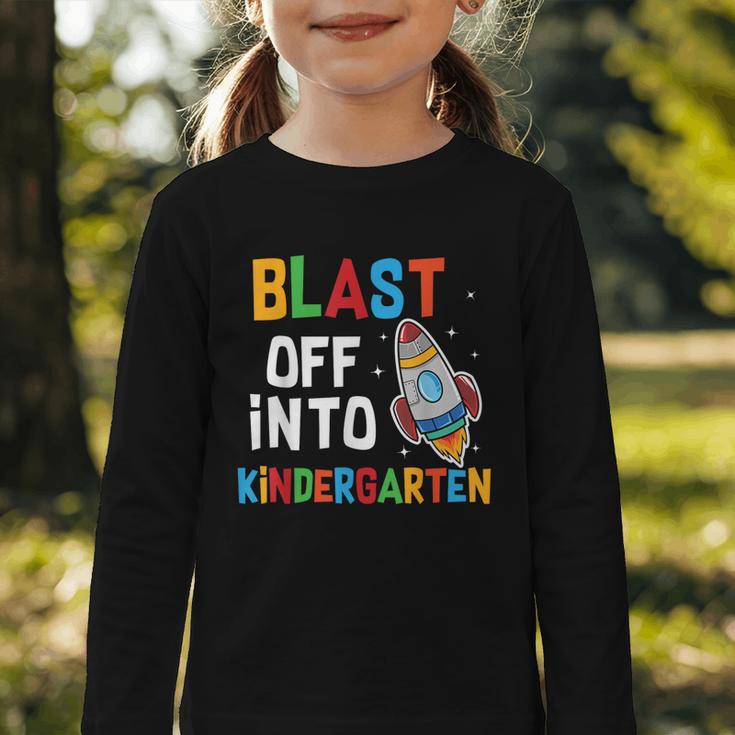 Blast Off Into Kindergarten Back To School Rocket Graphic Toddler Long Sleeve Tee Blast Off Into Kindergarten Back To School Rocket Graphic Toddler Long Sleeve Tee