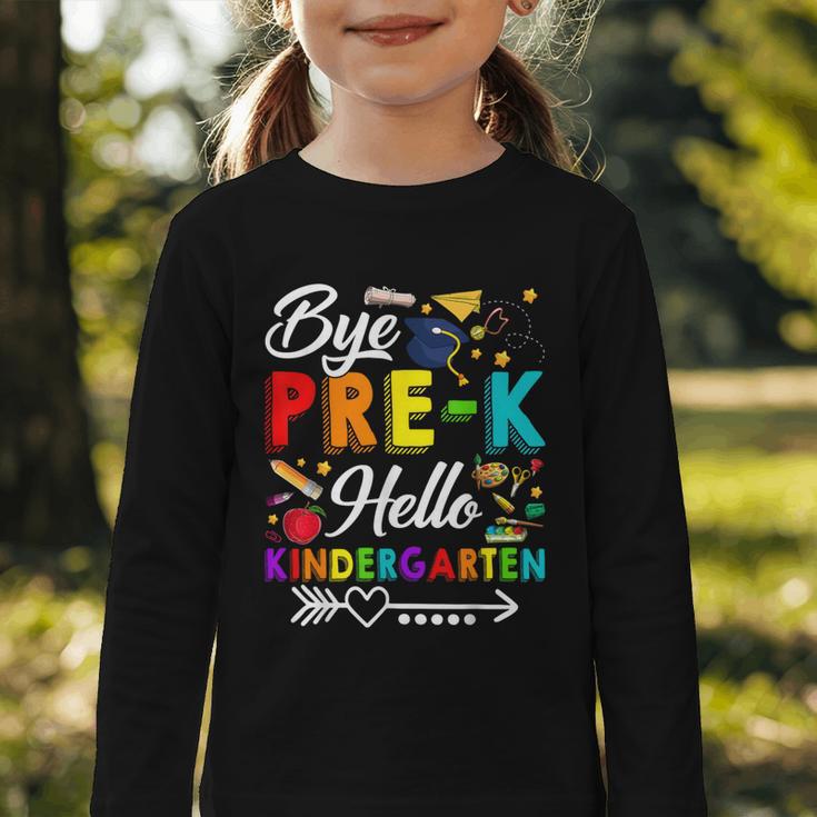 Bye Pre-K Hello Kindergarten Students Pupils Back To School Graphic Toddler Long Sleeve Tee Bye Pre-K Hello Kindergarten Students Pupils Back To School Graphic Toddler Long Sleeve Tee