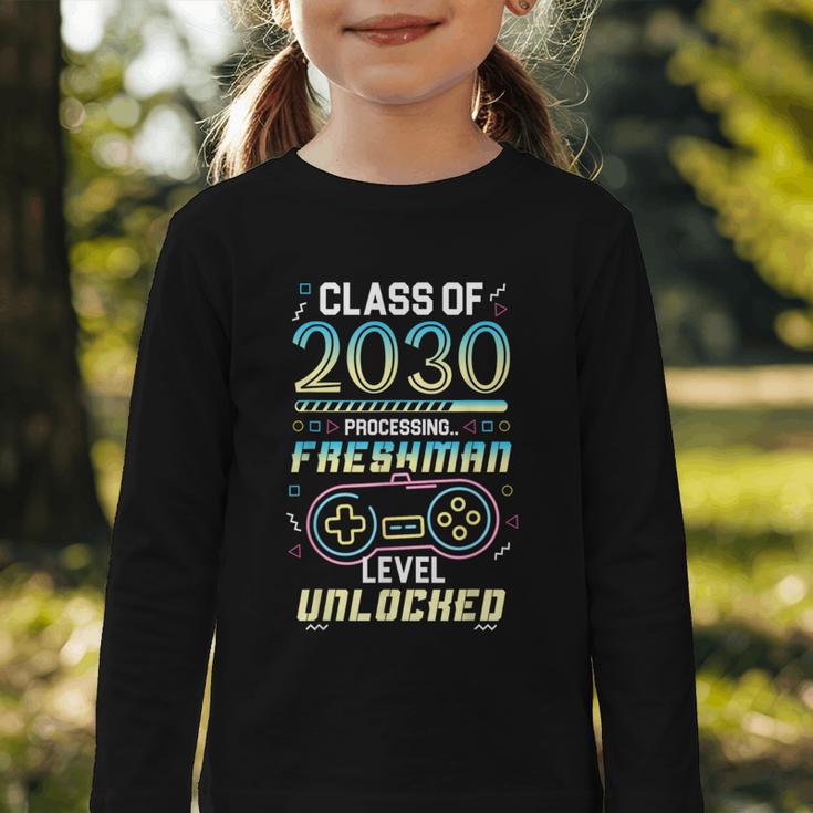 Class 2030 Gaming Freshman Level Unlocked Back To School Graphic Toddler Long Sleeve Tee Class 2030 Gaming Freshman Level Unlocked Back To School Graphic Toddler Long Sleeve Tee