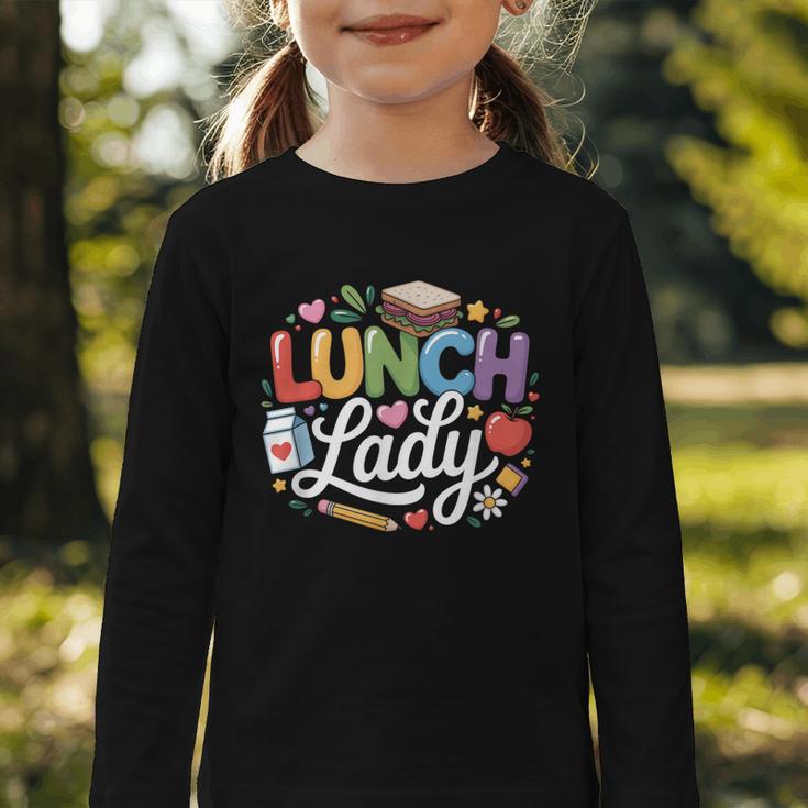 Colorful Lunch Lady Appreciation Retro Back To School Graphic Toddler Long Sleeve Tee Colorful Lunch Lady Appreciation Retro Back To School Graphic Toddler Long Sleeve Tee