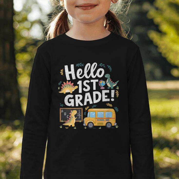Cute Hello 1st Grade Dinosaur School Back To School Dino Bus Graphic Toddler Long Sleeve Tee Cute Hello 1st Grade Dinosaur School Back To School Dino Bus Graphic Toddler Long Sleeve Tee