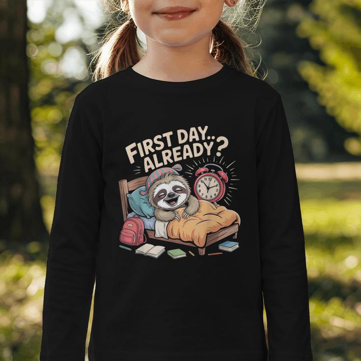 First Day Already Sloth Alarm Clock Back To School Graphic Toddler Long Sleeve Tee First Day Already Sloth Alarm Clock Back To School Graphic Toddler Long Sleeve Tee