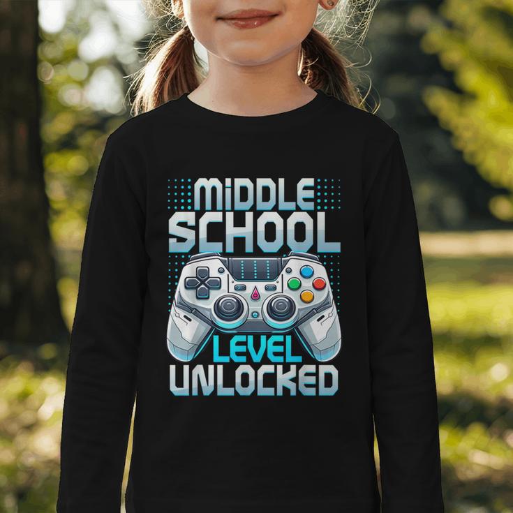 First Day Of Middle School Level Unlocked Back To School Graphic Toddler Long Sleeve Tee First Day Of Middle School Level Unlocked Back To School Graphic Toddler Long Sleeve Tee