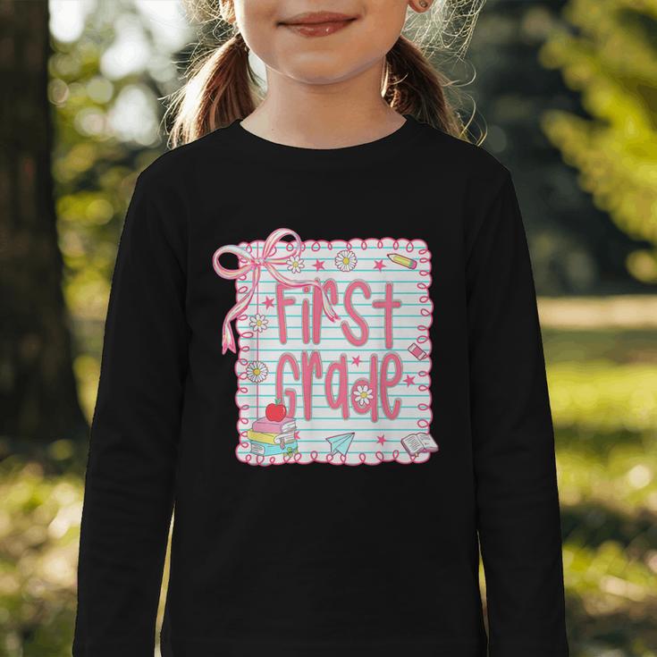 First Grade Coquette Bow Pink Preppy Back To School Girls Graphic Toddler Long Sleeve Tee
