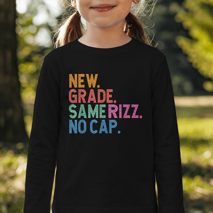 Gen Z Back To School New Grade Same Rizz No Cap Graphic Toddler Long Sleeve Tee Gen Z Back To School New Grade Same Rizz No Cap Graphic Toddler Long Sleeve Tee