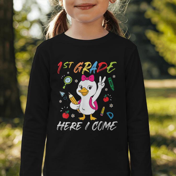 Girls Goose 1st Grade Here I Come Back To School Kids Graphic Toddler Long Sleeve Tee Girls Goose 1st Grade Here I Come Back To School Kids Graphic Toddler Long Sleeve Tee