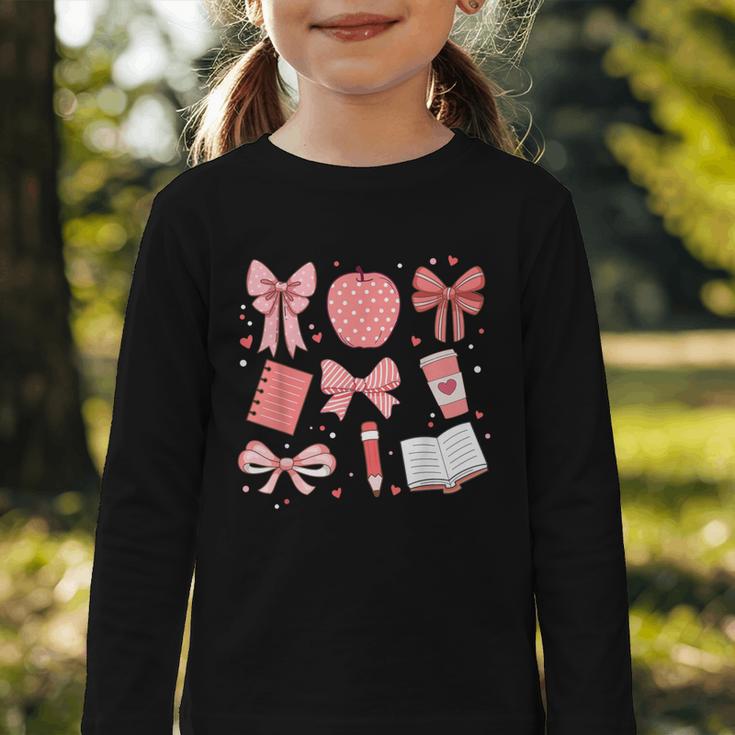 Happy Back To School 1st Day Toddler Girl Boho Coquette Bows Graphic Toddler Long Sleeve Tee Happy Back To School 1st Day Toddler Girl Boho Coquette Bows Graphic Toddler Long Sleeve Tee