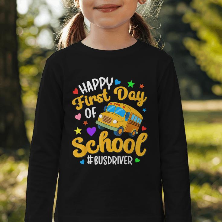 Happy First Day Of School Bus Driver Back To School Graphic Toddler Long Sleeve Tee Happy First Day Of School Bus Driver Back To School Graphic Toddler Long Sleeve Tee