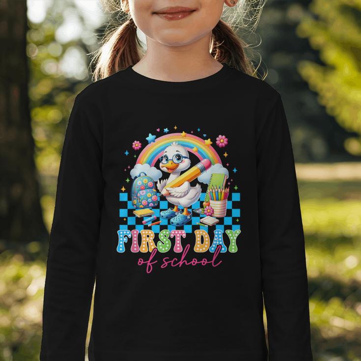 Happy First Day Of School Goose Cute Duck Back To School Graphic Toddler Long Sleeve Tee