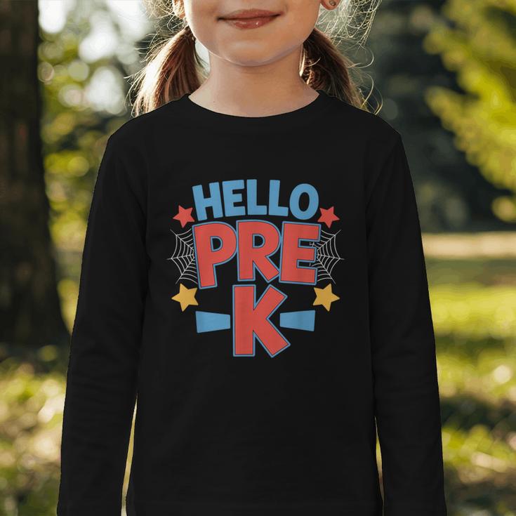 Hello Pre-K Preschool Squad Spider Back To School First Day Graphic Toddler Long Sleeve Tee