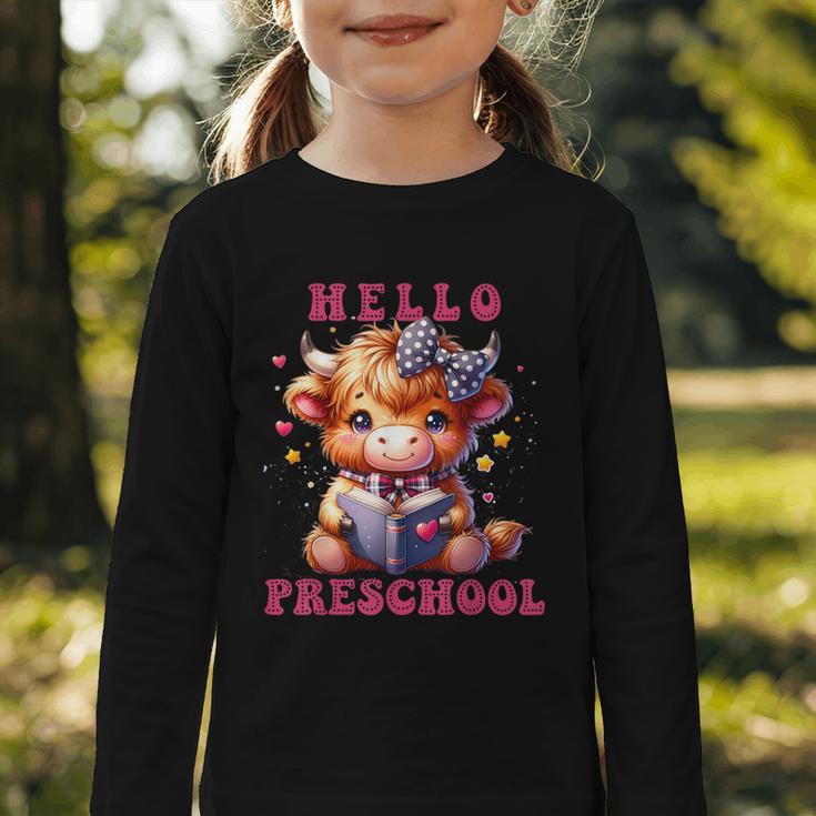 Hello Preschool Cute Highland Cow Lover Back To School Graphic Toddler Long Sleeve Tee Hello Preschool Cute Highland Cow Lover Back To School Graphic Toddler Long Sleeve Tee